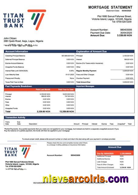 Nigeria Titan Trust Bank mortgage statement Word and PDF template
